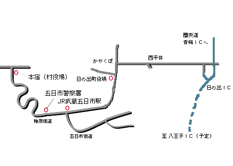 圏央道日の出－秋川街道経由で来る場合の地図